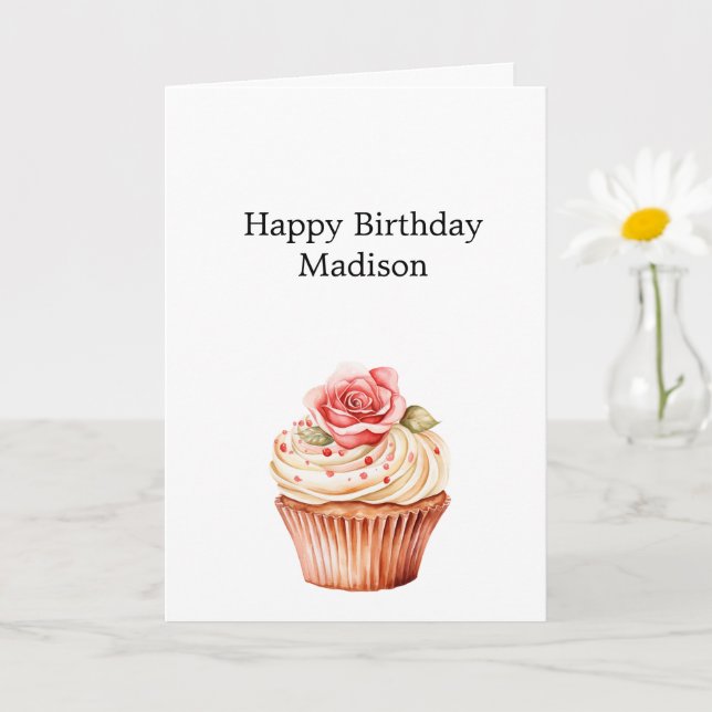 Chic Blush Pink Rose Floral Cupcake Birthday Card (Small Plant)
