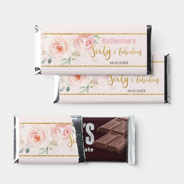 Chic Blush Pink Rose Floral Fabulous 60th Birthday Hershey Bar Favors (Front)