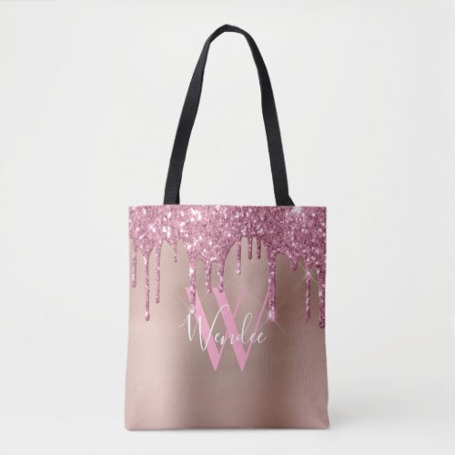 Chic Blush Pink Rose Gold Drip Glitter Monogram Tote Bag