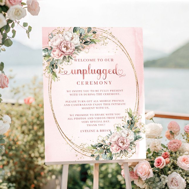 Chic Blush Pink Rose Gold Floral Unplugged Ceremon Poster (Chic Blush Pink Rose Gold Floral Unplugged Ceremony Sign

)