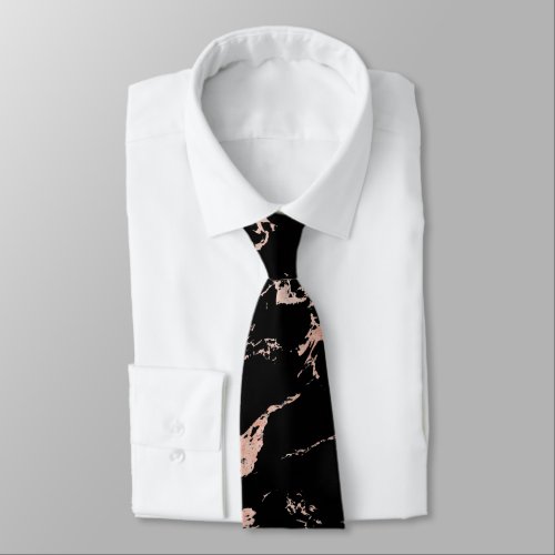 Chic Blush Pink Rose Gold Foil Black Marble Neck Tie