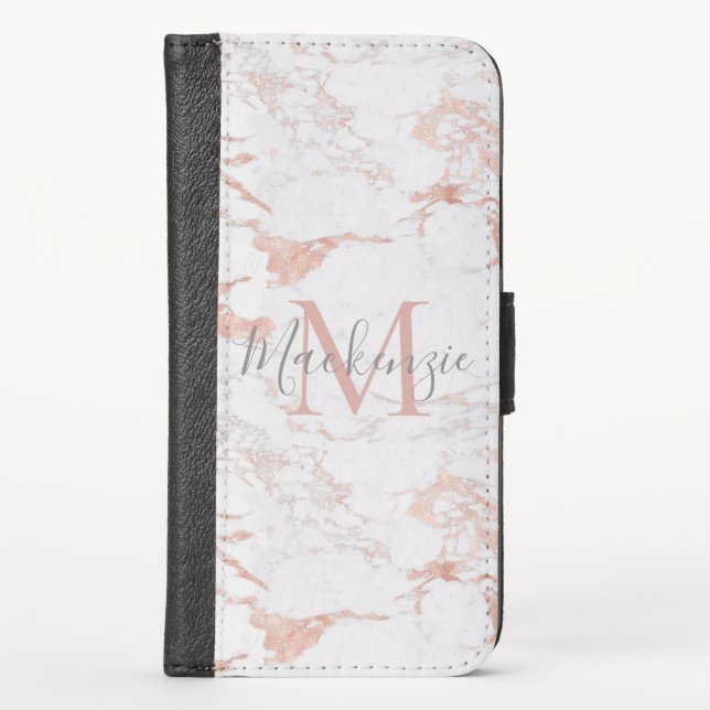 Chic Blush Pink | Rose Gold Foil Monogram iPhone Wallet Case (Front)