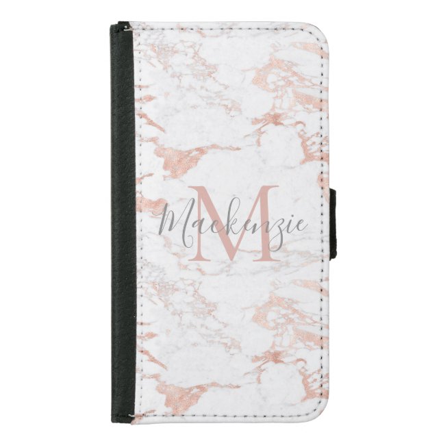 Chic Blush Pink | Rose Gold Foil Monogram Samsung Galaxy Wallet Case (Front)