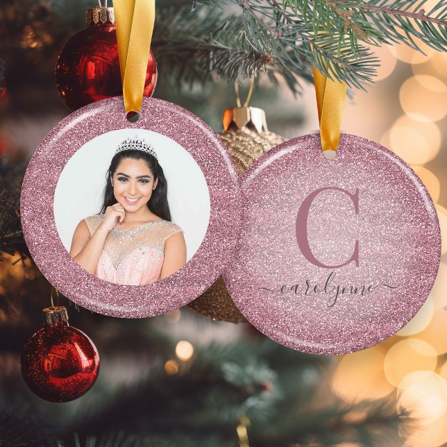 Chic Blush Pink | Rose Gold Glitter Monogram Photo Ceramic Ornament (Chic Blush Pink | Rose Gold Glitter Monogram Photo Ceramic Ornament)