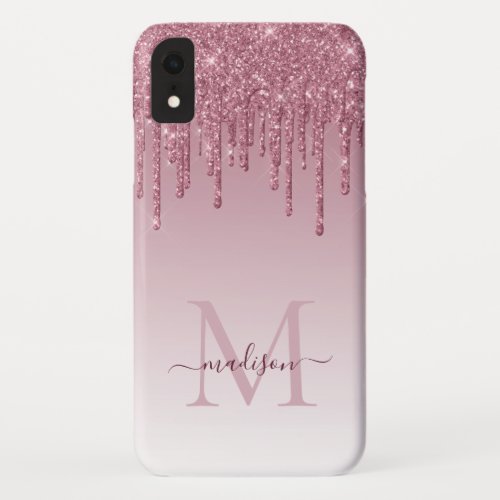 Chic Blush Pink Rose Gold Glitter Sparkle Monogram iPhone XR Case