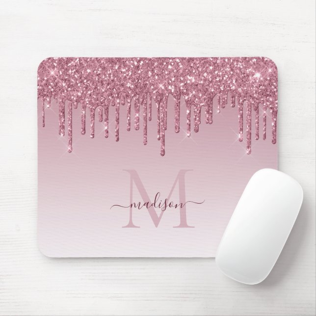 Chic Blush Pink Rose Gold Glitter Sparkle Monogram Mouse Pad (With Mouse)