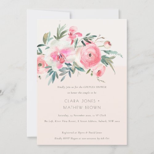 Chic Blush Pink Rose Orchid Floral Couples Shower Invitation