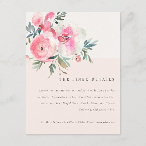 Chic Blush Pink Rose Orchid Floral Wedding Details Enclosure Card