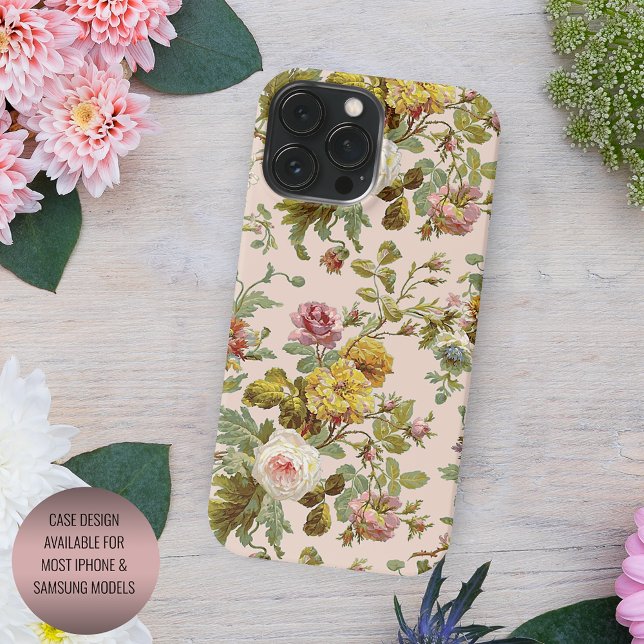 Chic Blush Pink Rose Yellow Flower Foliage Pattern Case-Mate iPhone Case (Creator Uploaded)