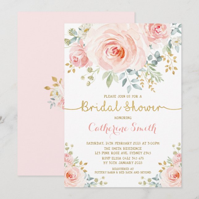 Chic Blush Pink Roses Bridal Shower Invitation (Front/Back)