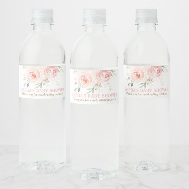 Chic Blush Pink Roses Floral Baby Bridal Shower Water Bottle Label (Bottles)