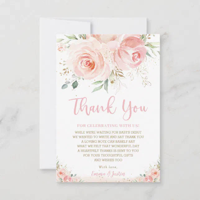 Chic Blush Pink Roses Floral Gold Girl Baby Shower Thank You Card | Zazzle