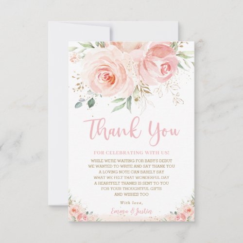 Chic Blush Pink Roses Floral Gold Girl Baby Shower Thank You Card