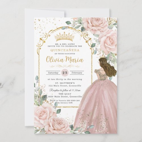 Chic Blush Pink Roses Floral Princess Quinceaera Invitation