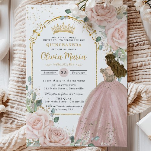 Chic Blush Pink Roses Floral Princess Quinceaera Invitation