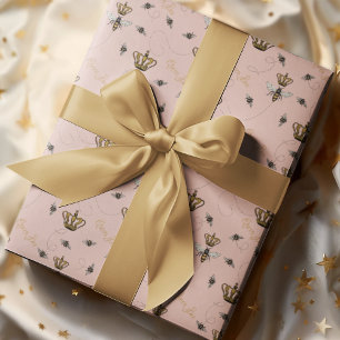 Chic Blush Pink Royal Queen Bee & Gold Crown Wrapping Paper