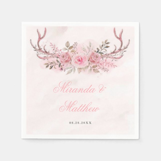 Chic Blush Pink Sage Floral Deer Antlers Wedding  Napkins (Front)