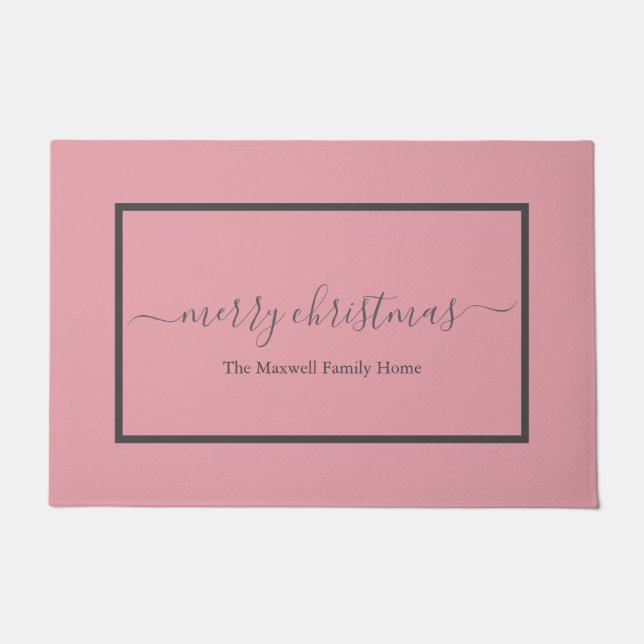 Chic blush pink script family name Christmas  Doormat (Front)