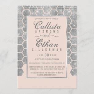 Chic Blush Pink Silver Glitter Hexagon Geo Wedding Invitation