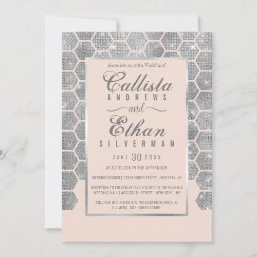 Chic Blush Pink Silver Glitter Hexagon Geo Wedding Invitation