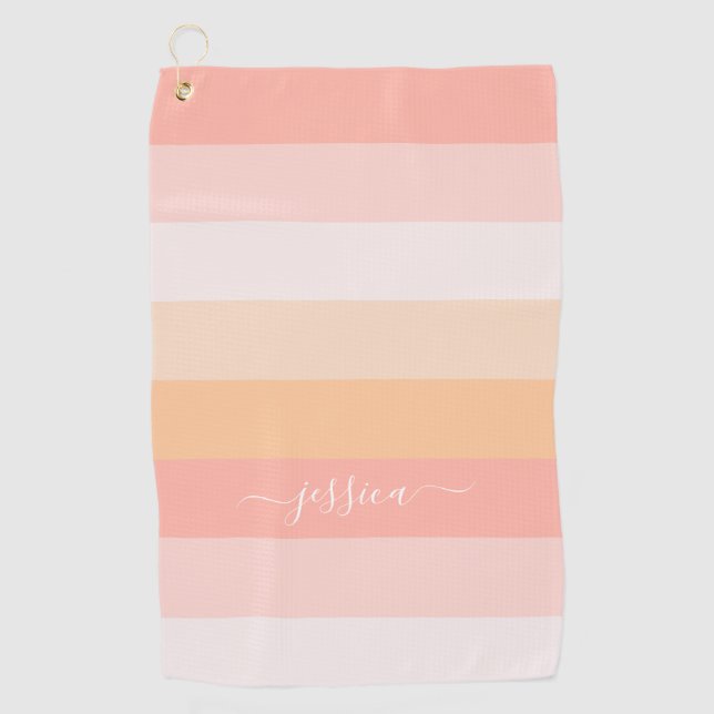 Chic blush pink striped script name  golf towel (Front)