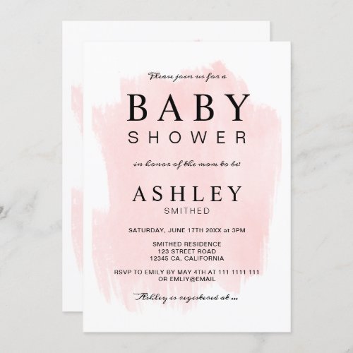 Chic blush pink watercolor brushstroke baby shower invitation