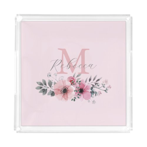 chic blush pink watercolor floral monogram acrylic tray