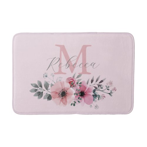chic blush pink watercolor floral monogram bath mat
