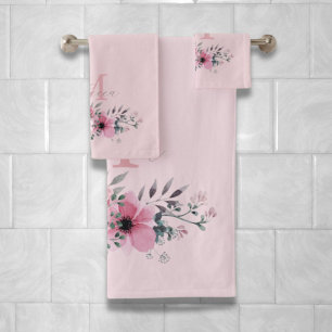 chic blush pink watercolor floral monogram bath towel set