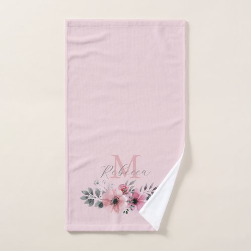 chic blush pink watercolor floral monogram bath towel set