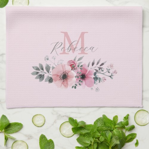 chic blush pink watercolor floral monogram kitchen towel