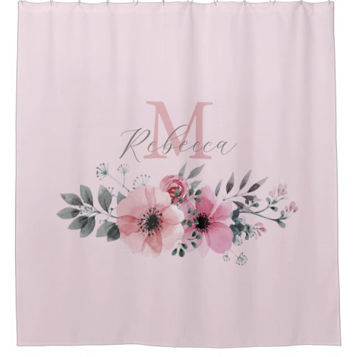chic blush pink watercolor floral monogram shower curtain