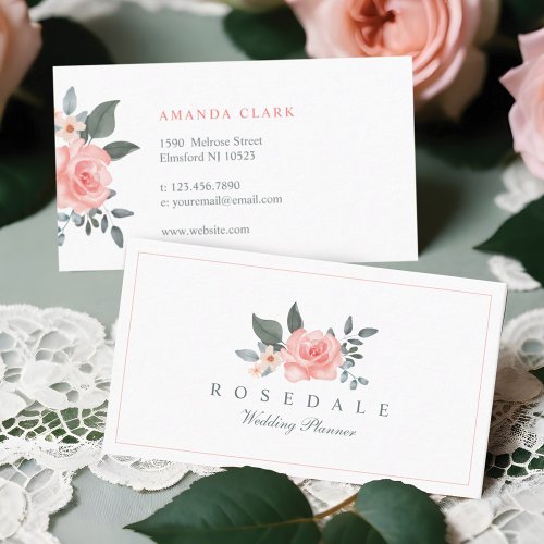 Chic Blush Pink Watercolor Floral Rose  Greenery Business Card