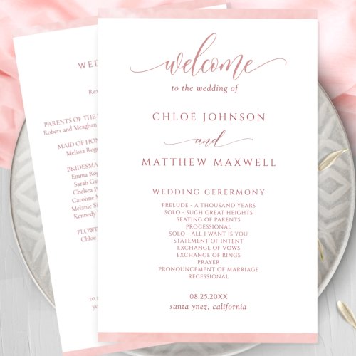 Chic Blush Pink Watercolor Frame Wedding Program