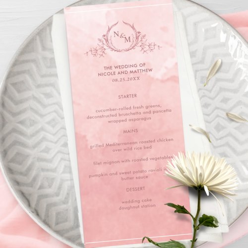 Chic Blush Pink Watercolor Monogram Wedding Menu