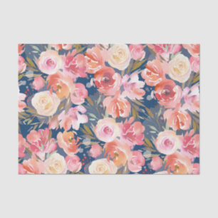 Chic Blush Pink Watercolor Roses on Blue Floral Tissue Paper