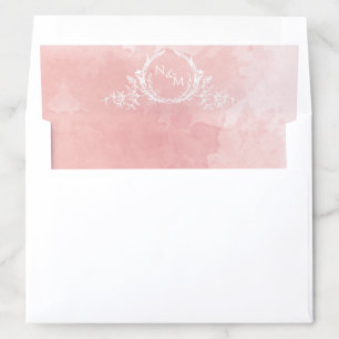 Chic Blush Pink Watercolor, White Monogram Wedding Envelope Liner