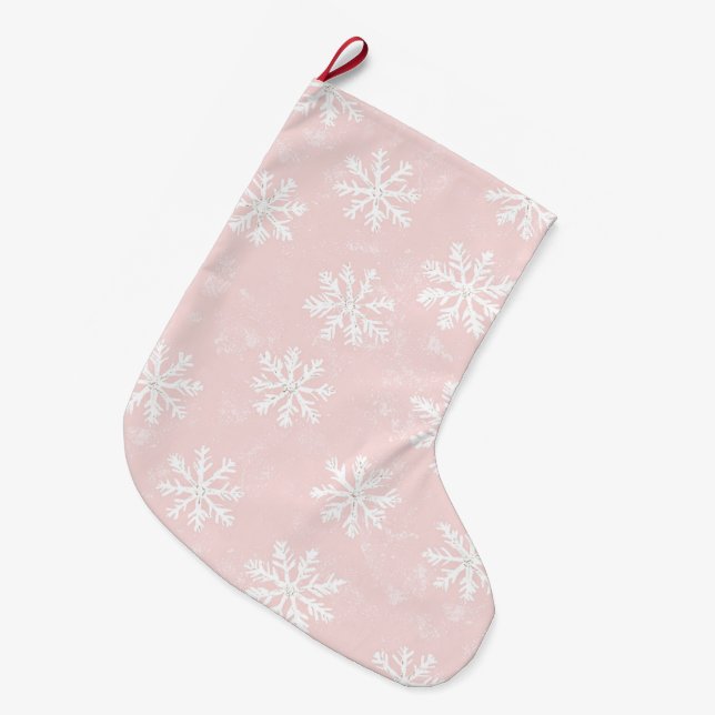 Chic Blush Pink White Christmas Snowflakes Large Christmas Stocking (Front (Hanging))
