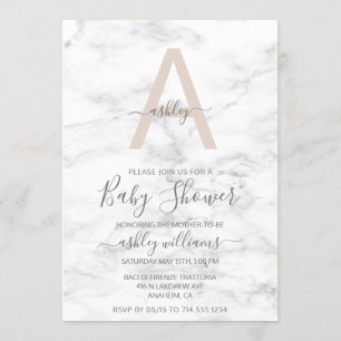 Chic Blush Pink White Marble Monogram Baby Shower Invitation