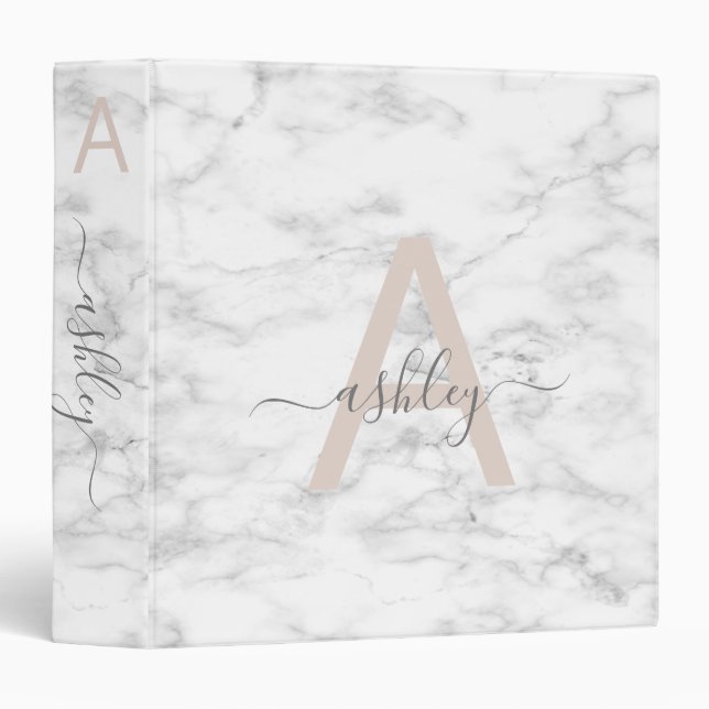 Chic Blush Pink White Marble Script Name Monogram 3 Ring Binder (Front/Spine)