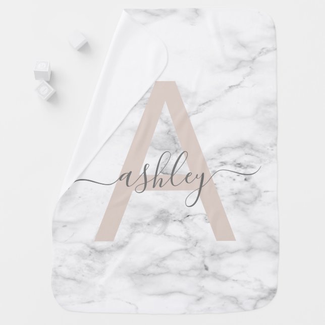 Chic Blush Pink White Marble Script Name Monogram Baby Blanket (In Situ)