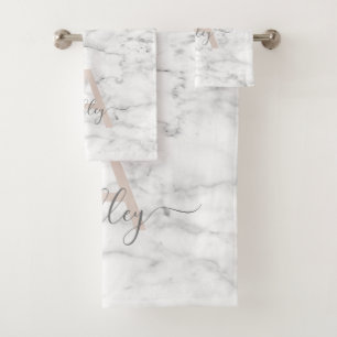 Chic Blush Pink White Marble Script Name Monogram Bath Towel Set