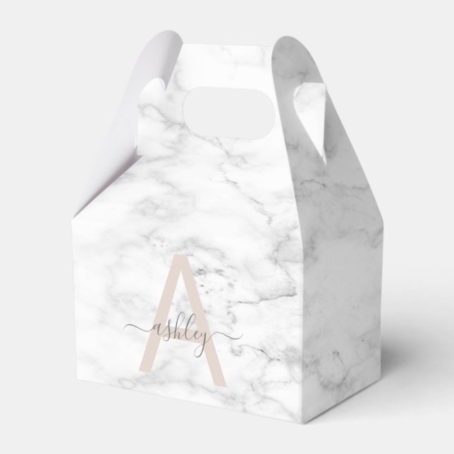Chic Blush Pink White Marble Script Name Monogram Favor Boxes (Front Side)