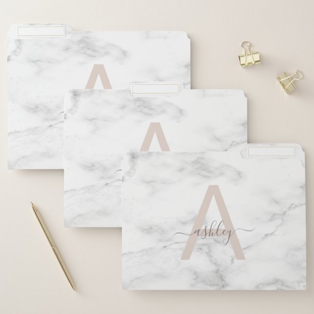 Chic Blush Pink White Marble Script Name Monogram File Folder (Set)
