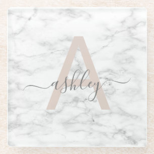 Chic Blush Pink White Marble Script Name Monogram Glass Coaster