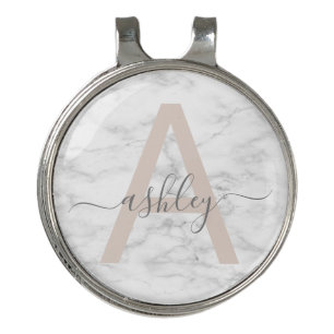 Chic Blush Pink White Marble Script Name Monogram Golf Hat Clip