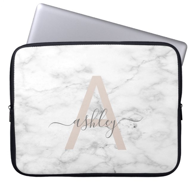 Chic Blush Pink White Marble Script Name Monogram Laptop Sleeve (Front)