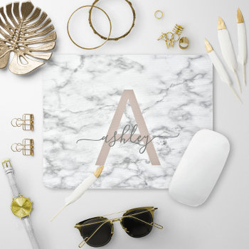 Chic Blush Pink White Marble Script Name Monogram Mouse Pad by Personalizedhomedeco at Zazzle