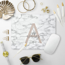 Chic Blush Pink White Marble Script Name Monogram