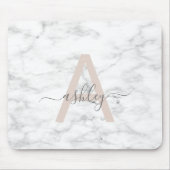 Chic Blush Pink White Marble Script Name Monogram Mouse Pad (Front)
